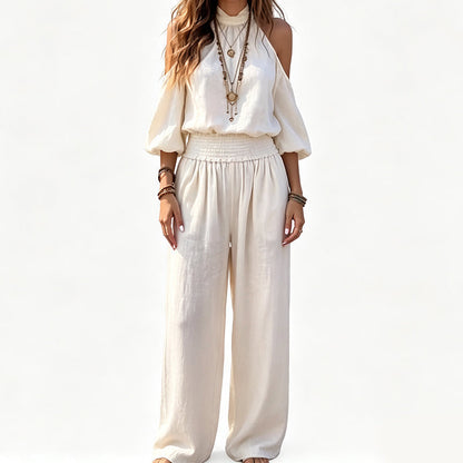 🌸 50% RABATT! 👗 Damen 2-teiliges Set – Cold-Shoulder Neckholder-Top & weite Hose – Leicht, elegant & vielseitig – Perfekt für Sommer & Urlaub ☀️