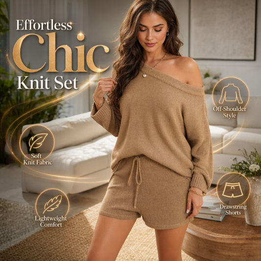 👗 50% RABATT! 🌿 Damen Off-Shoulder Strickpullover & Shorts Set – Weich, luftig & vielseitig – Perfekt für Sommer, Freizeit & Zuhause ✨