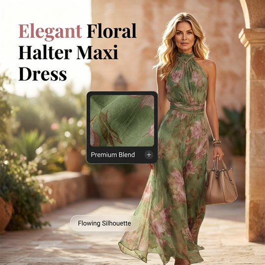 🌸 60% RABATT! 👗 Elegantes Maxi-Kleid mit Blumendruck & Neckholder – Fließender Stoff, figurschmeichelnd & Boho-Stil – Ideal für Sommer, Urlaub & warme Abende ☀️