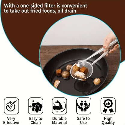 🥢 KAUFE 2, ERHALTE 1 GRATIS! 🍳 2-in-1-Zange aus Edelstahl mit Ölabseihsieb – Feines Netz, ergonomischer Griff & leicht zu reinigen – Ideal zum Frittieren & Servieren ✨