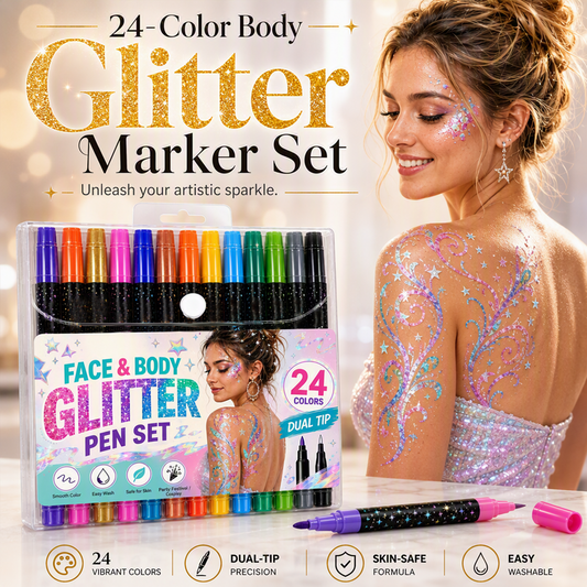 🎨 50% RABATT! ✨ 24‑Farben Glitzer‑Marker‑Set – Doppelspitze, lebendige Farben & wasserfest – Perfekt für Party‑Make‑up & kreative Looks 🌟